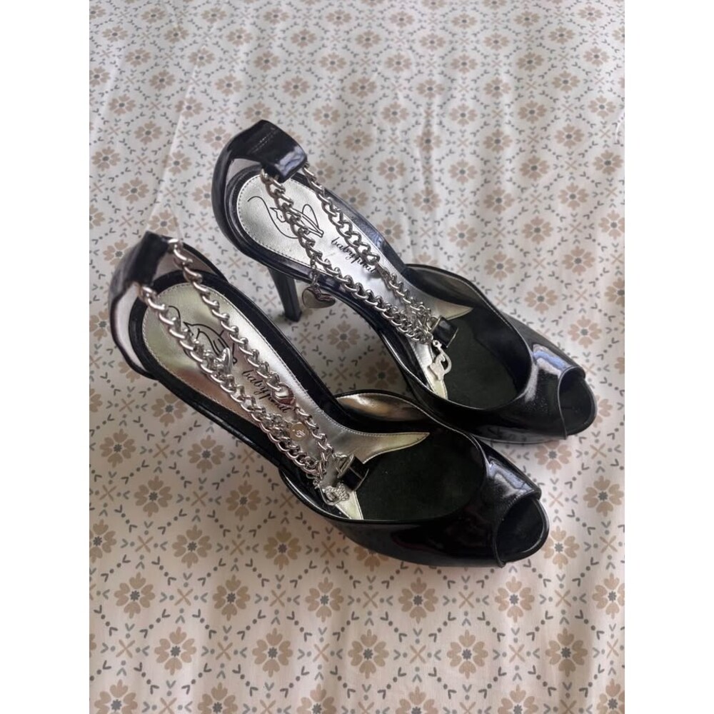 Vintage Y2K Black Baby Phat Platform Peeptoe Heels with Original Charm Chain